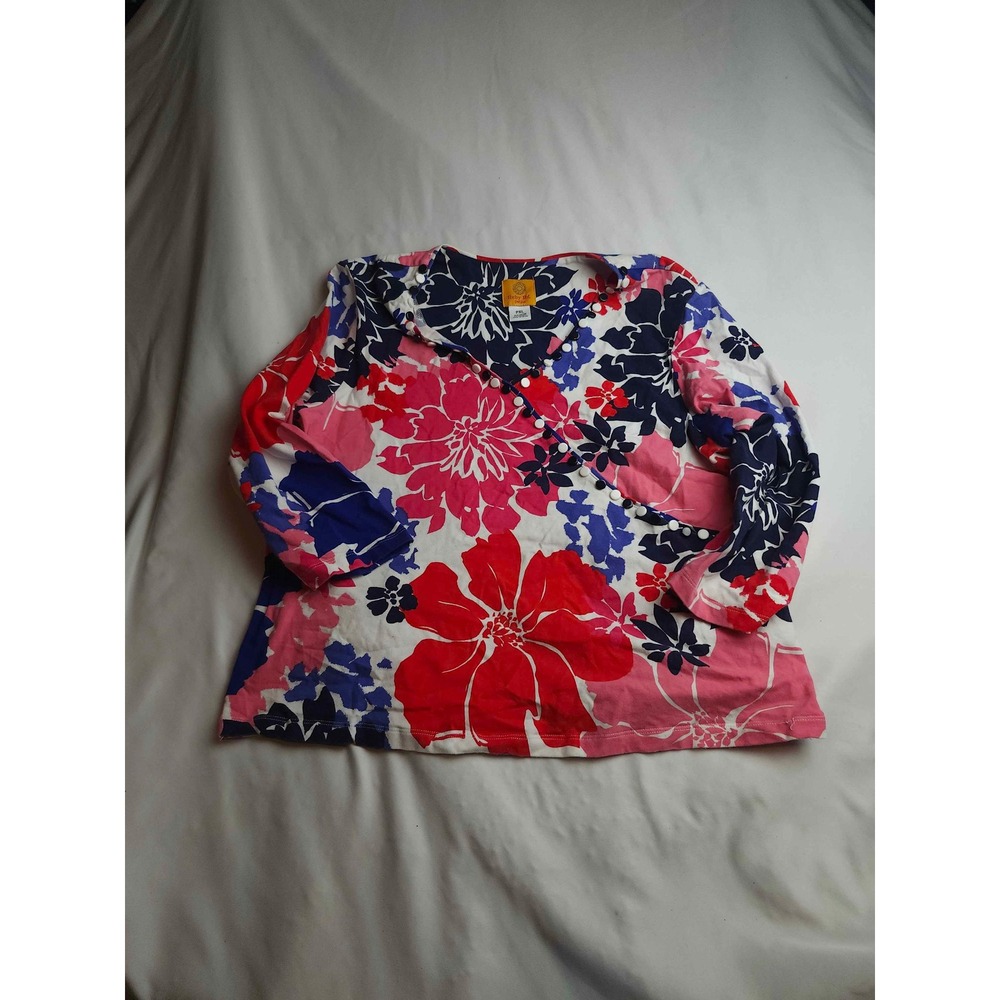 Ruby Rd Petite Floral Knit Top Red Pink Navy Asymmetrical Neck PXL Womens